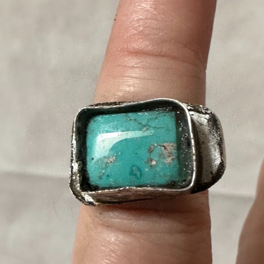 Genuine Untreated Turquoise Sterling Silver 925 Ring Size 5 Handmade Primitive
